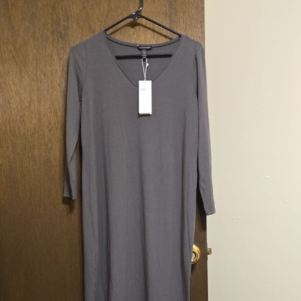 Eileen Fisher Gray Long Sleeve V-Neck Midi Dress